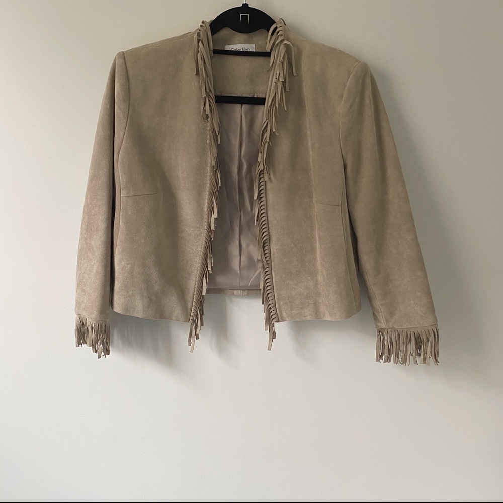 Calvin Klein Gray Fringe Suede Jacket
